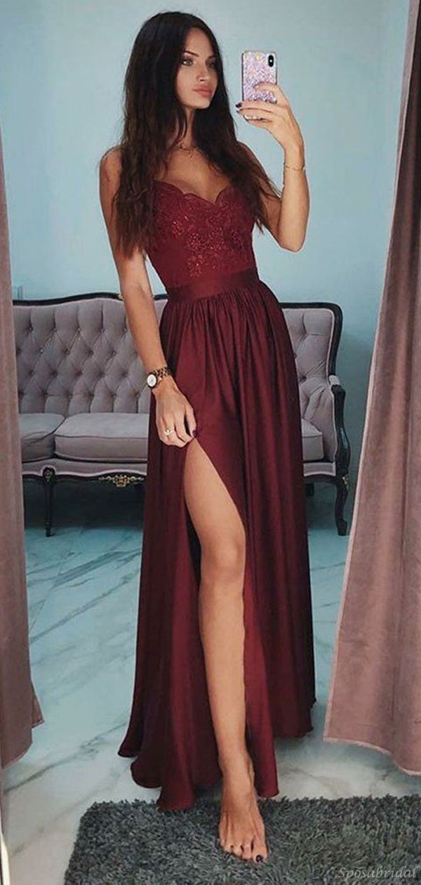 Burgundy Spaghetti Straps A-line Prom Dress Long Wedding Guest Dresses
