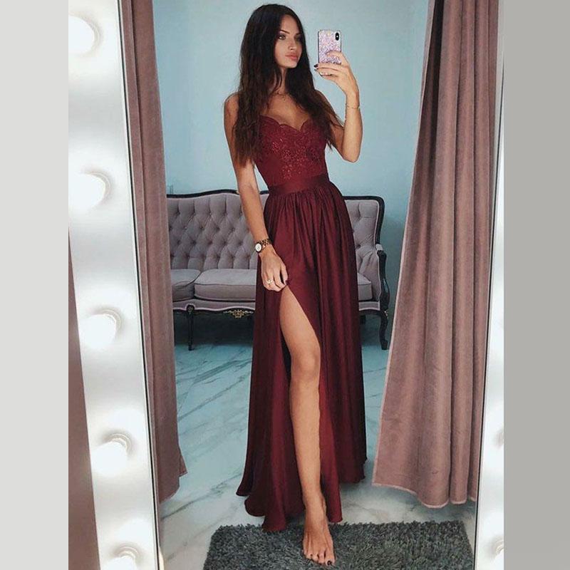 Burgundy Spaghetti Straps A-line Prom Dress Long Wedding Guest Dresses