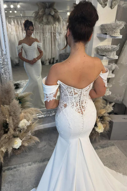 Sexy Mermaid Off-Shoulder Satin Wedding Dress With Lace Train