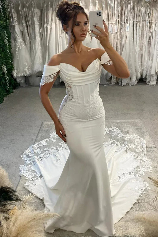 Sexy Mermaid Off-Shoulder Satin Wedding Dress With Lace Train