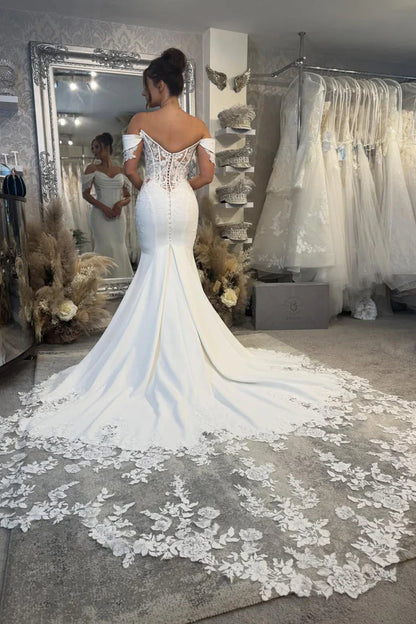 Sexy Mermaid Off-Shoulder Satin Wedding Dress With Lace Train