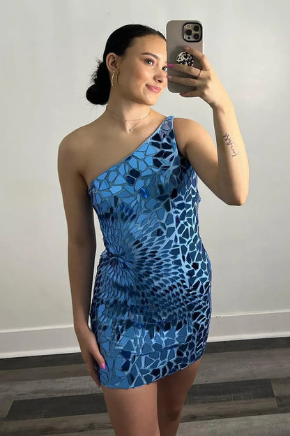 Sexy One Shoulder Sleeveless Fully Mirror Beaded Homecoming Dress
