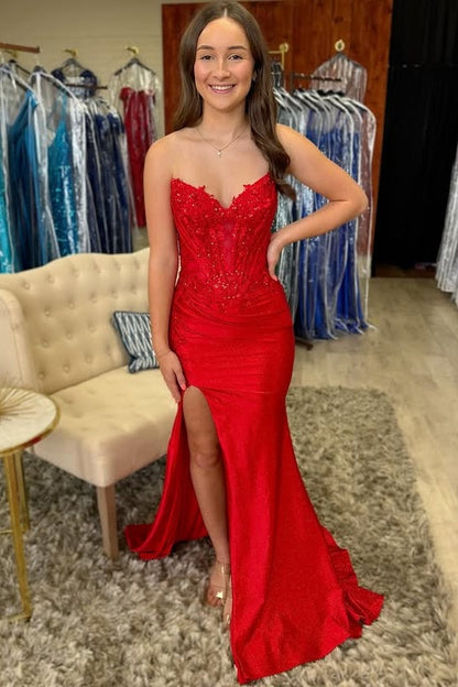 Sexy Red Strapless Empire Lace Appliques Mermaid Party Prom Dress