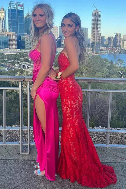 Sexy Red Sweetheart Strapless Lace Mermaid Party Prom Dress
