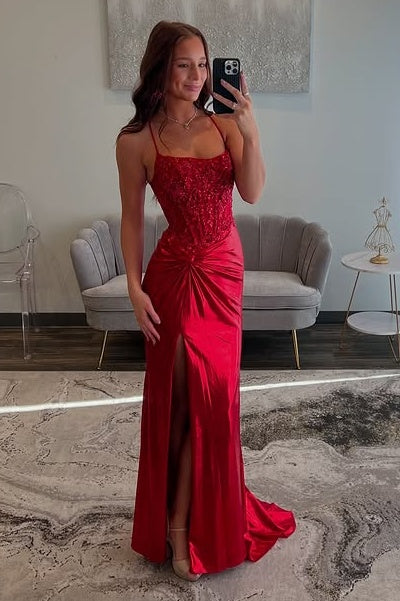 Sexy Satin Mermaid Bateau Lace Up Appliques Party Prom Dress