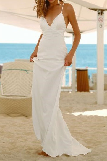 Sexy Satin V-Neck Backless Summer Beach Wedding Dress