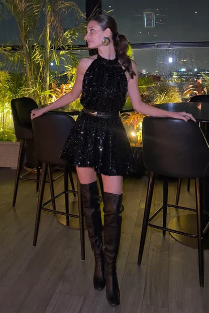 Sexy Sparkly Black Sequin A-Line Backless Party Homecoming Dress
