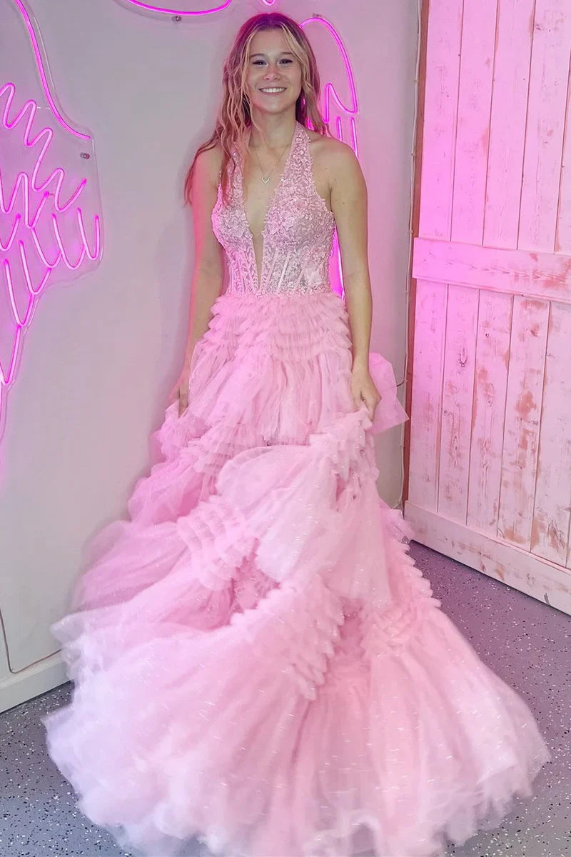 Sexy Tulle A-Line V-Neck Halter Open Back Tiered Prom Dress