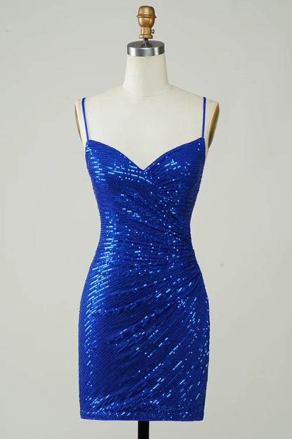 Sheath Fully Sequins V-Neck Spaghetti Straps Homecoming Dress