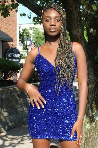 Sheath V-Neck Spaghetti Straps Lace Up Sequins Homecoming Dress
