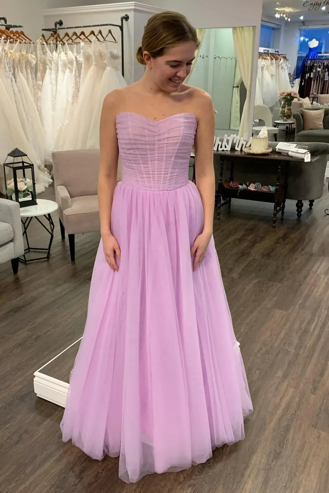 Sheer Empire Sweetheart Strapless Tulle A-Line Party Prom Dress
