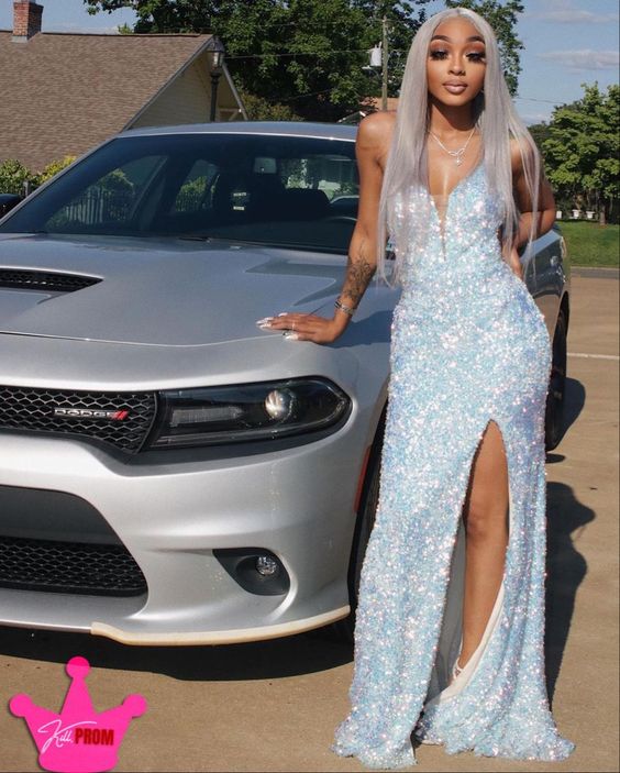 Shiny Sequin Iridescent White Prom Dresses Mermaid Long V Neck Evening Dress