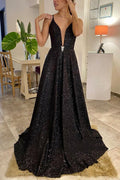 Shiny V Neck Backless Black Long Prom Dresses,Sexy Formal Dresses, Sparkly Black Evening Dress