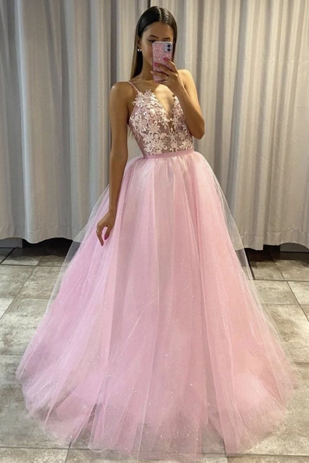 Sparkly V Neck Pink Tulle Floral Long Prom Dress Open Back