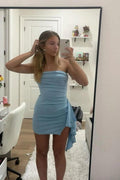 Strapless Light Blue Draped Mini Dress Homecoming Dresses Short