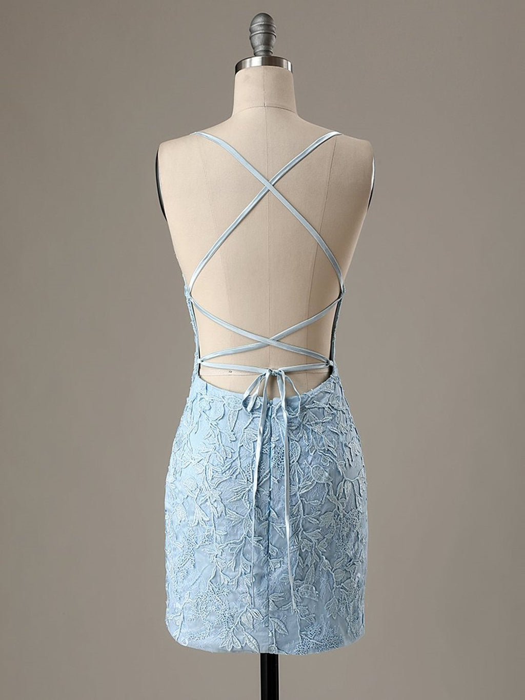 Short Light Blue Backless Lace Prom Dresses, Open Back Light Blue Lace Graduation Homecoming Dresses