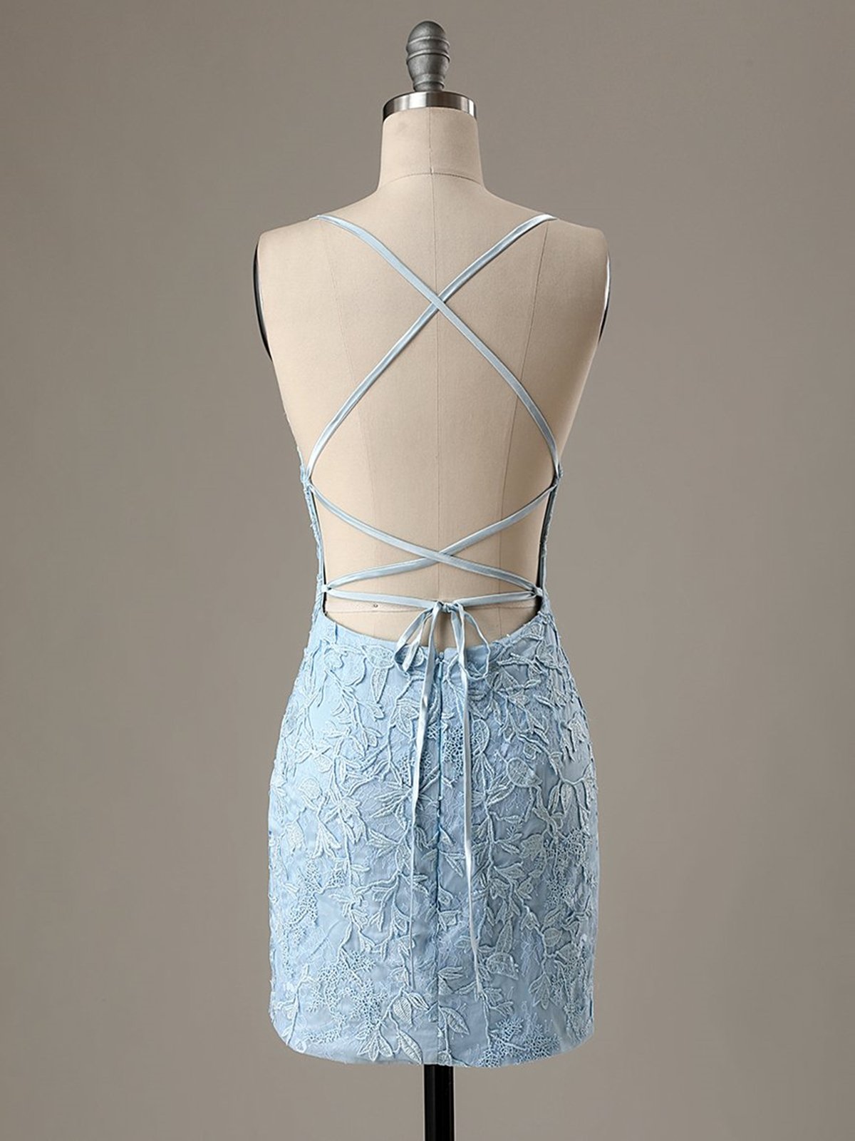 Short Light Blue Backless Lace Prom Dresses, Open Back Light Blue Lace Graduation Homecoming Dresses