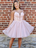 Short Pink Lace Prom Dresses, Deep V Neck Short Pink Lace Formal Homecoming Dresses