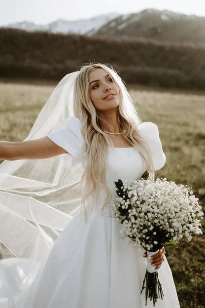 Short Sleeves Satin A-Line Empire Summer Wedding Dress