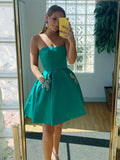 Fashion Green Pockets Design Prom Dress Short Strapless Homecoming Dress TP3566