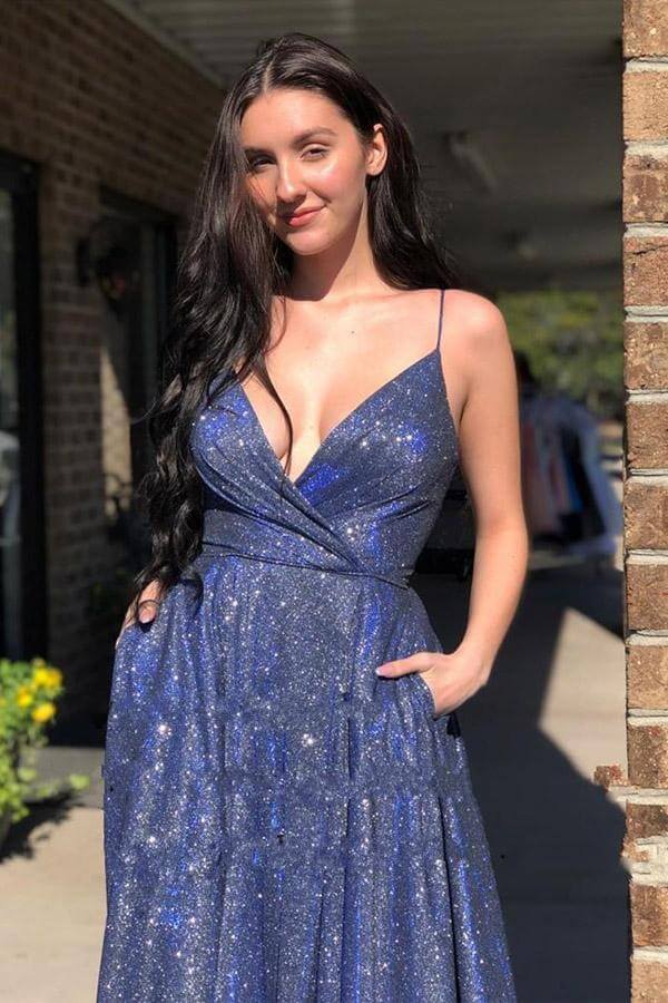 Sparkly A-line Spaghetti Straps Prom Dresses, Evening Dresses With Slit