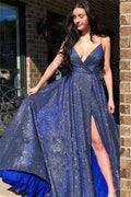Sparkly A-line Spaghetti Straps Prom Dresses, Evening Dresses With Slit