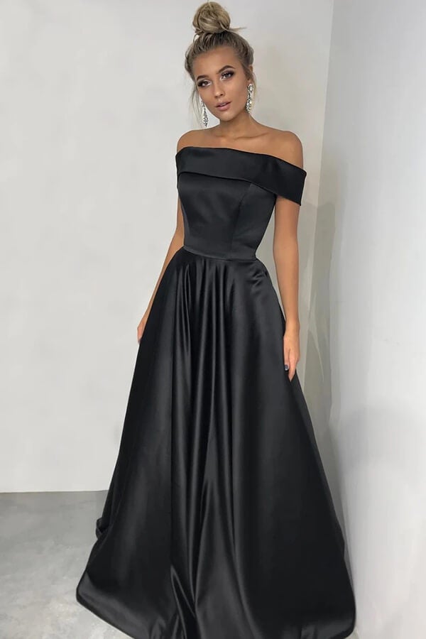 Simple Yellow A-line Off-the-shoulder Long Prom Dresses, Evening Dresses