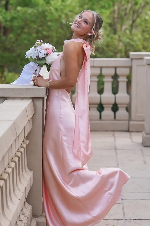 Simple High Neck Backless Satin A-Line Party Prom Dress