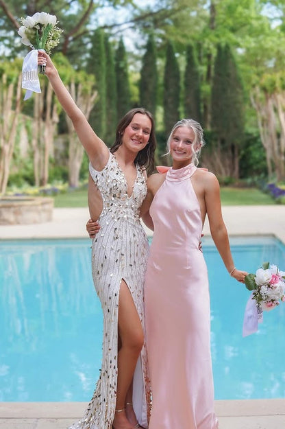 Simple High Neck Backless Satin A-Line Party Prom Dress