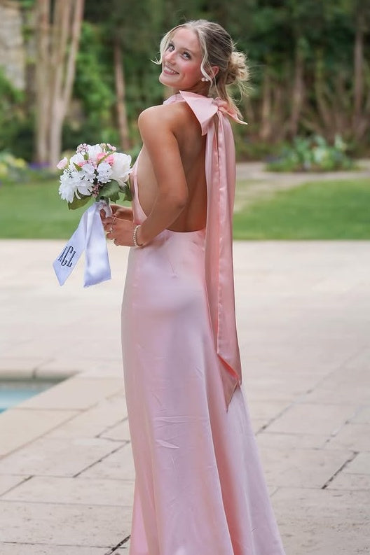 Simple High Neck Backless Satin A-Line Party Prom Dress