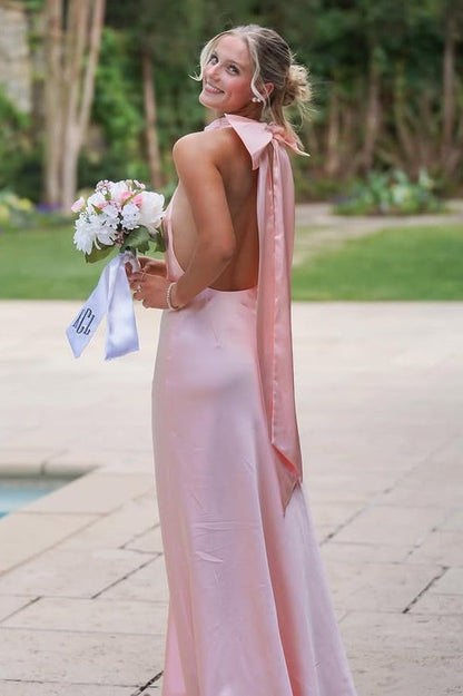 Simple High Neck Backless Satin A-Line Party Prom Dress