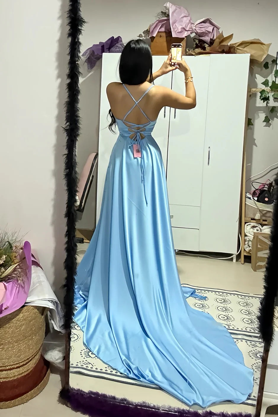 Simple Satin A-Line Bateau Sleeveless Prom Party Dress With Train
