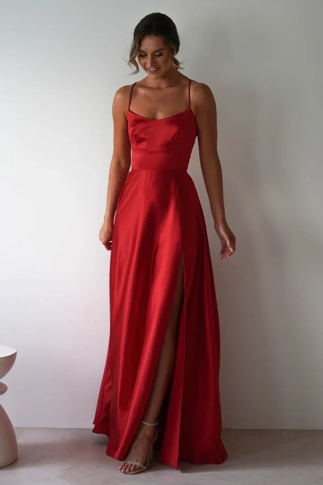 Simple Satin A-Line Bateau Spaghetti Straps Party Prom Dress