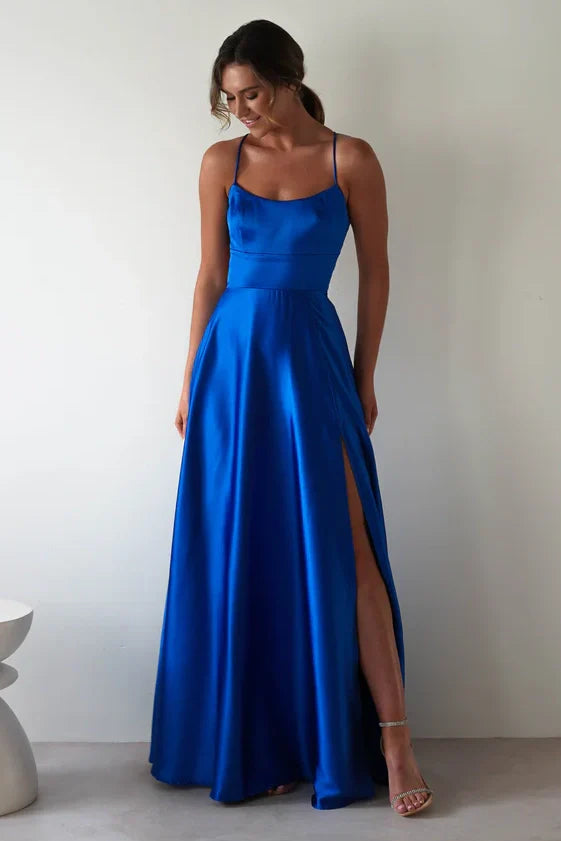 Simple Satin A-Line Bateau Spaghetti Straps Party Prom Dress