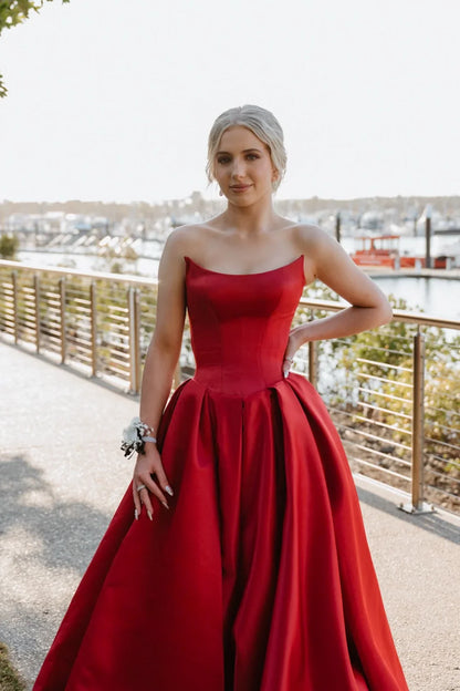 Simple Satin A-Line Bateau Strapless Prom Party Dress