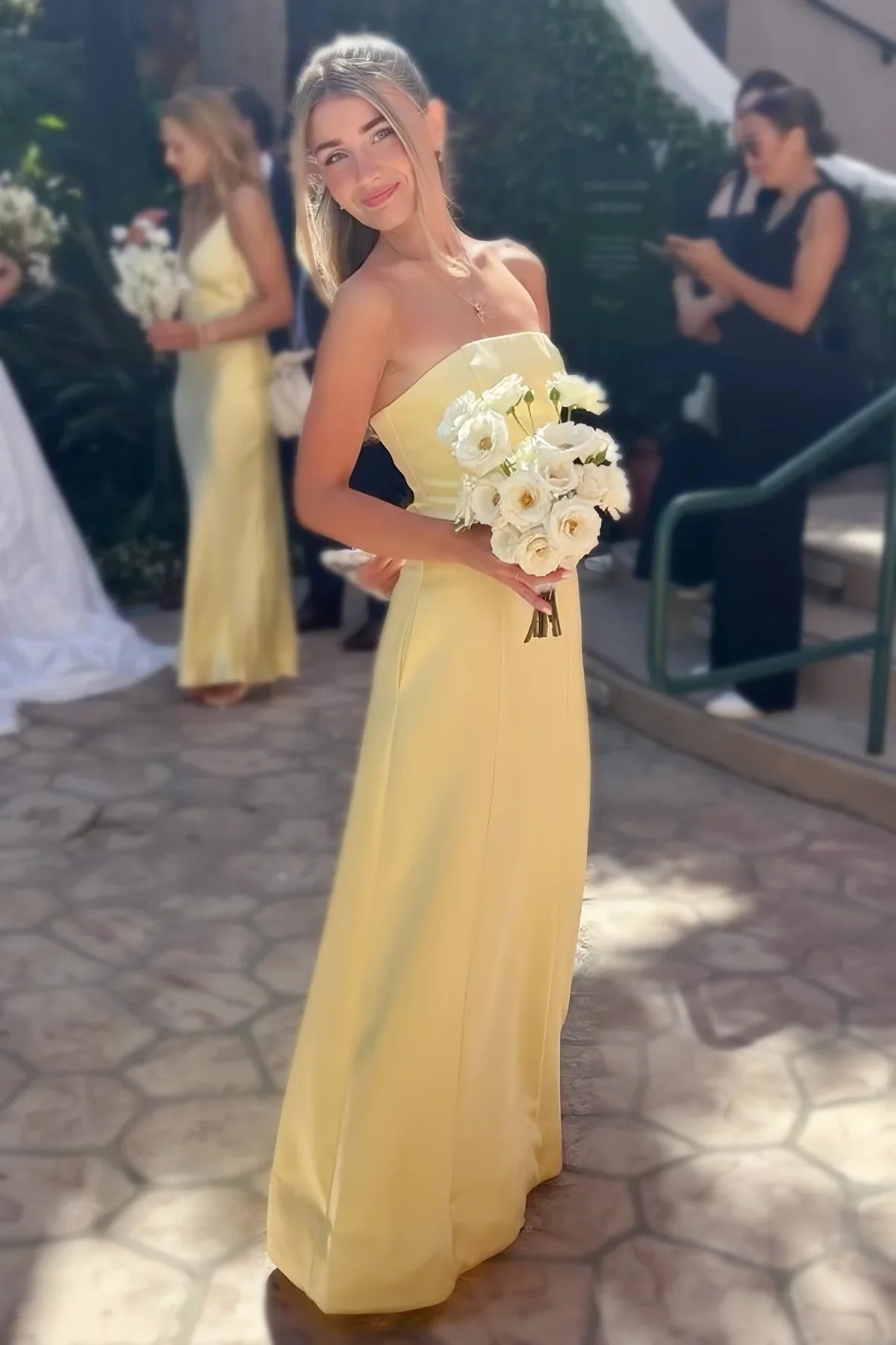 Simple Satin A-Line Empire Strapless Floor-Length Party Prom Dress
