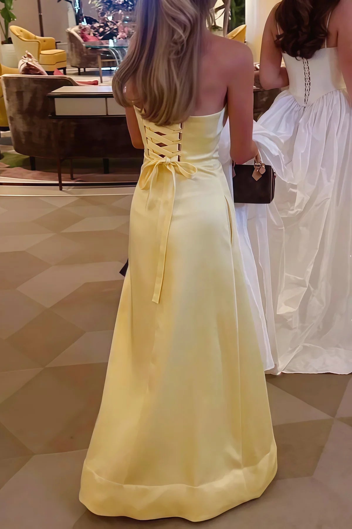 Simple Satin A-Line Empire Strapless Floor-Length Party Prom Dress