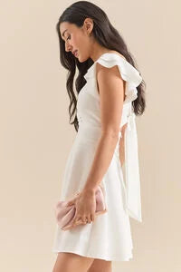 Simple Satin A-Line Ruffle Straps Open Back Short Graduation Dress