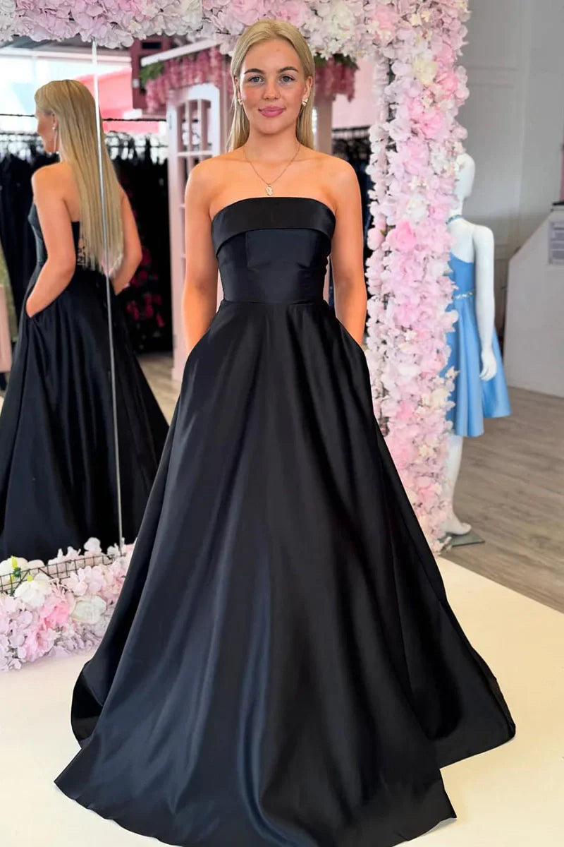 Simple Satin A-Line Strapless Empire Long Party Prom Dress With Pockets