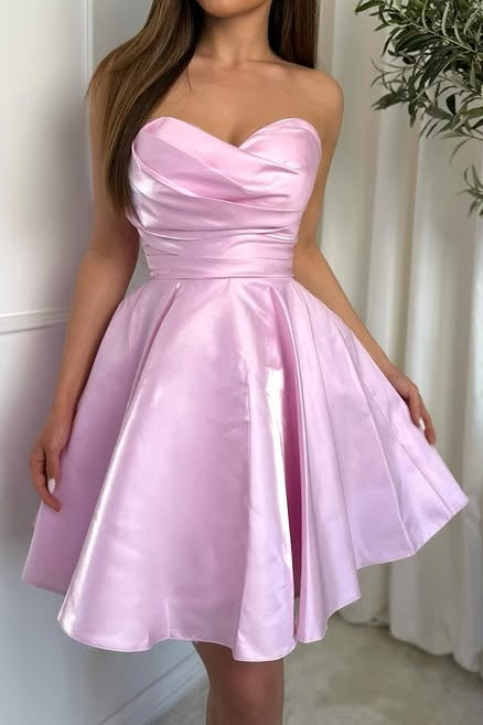 Simple Satin A-Line Sweetheart Pleated Strapless Homecoming Dress