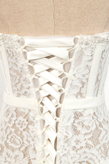 Ivory Strapless Pearl Beaded Lace Homecoming Dress with Bow