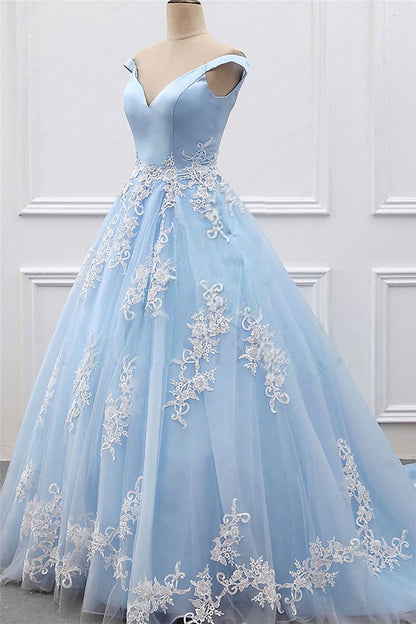 Light Blue Appliques Off-Shoulder A-line Long Prom Dress