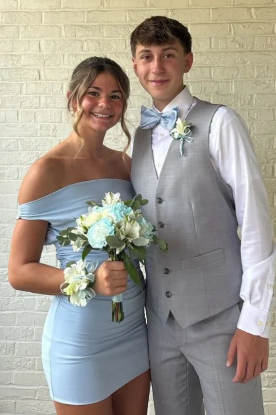 Sky Blue Satin Fitted Off-Shoulder Mini Party Homecoming Dress