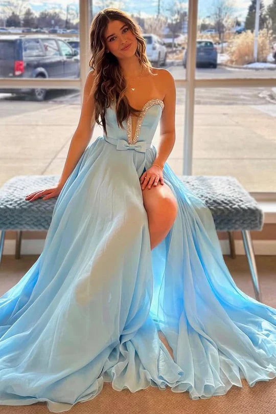 Sky Blue Sreapless Beaded Empire Chiffon A-Line Party Prom Dress