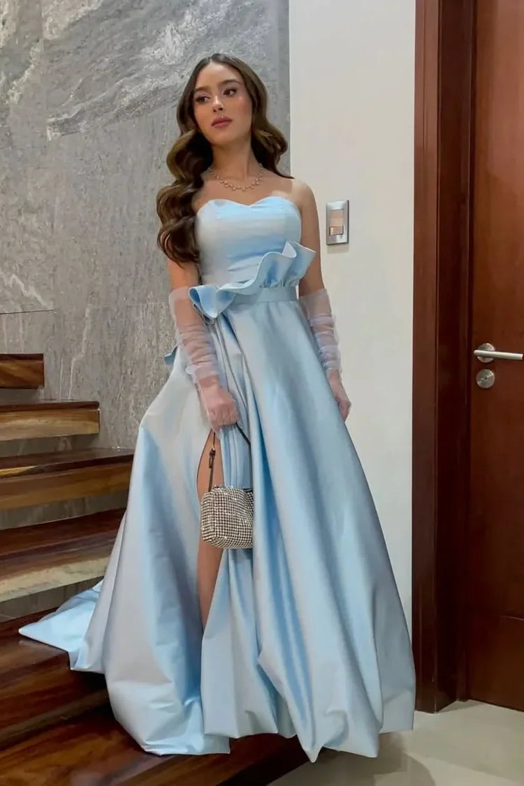 Sky Blue Sweetheart Strapless Empire Ruffled Party Prom Dress