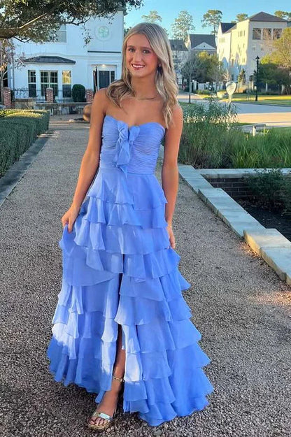 Chiffon A-Line Sweetheart Strapless Tiered Formal Party Dress