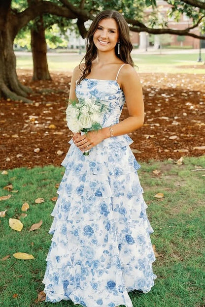 Spaghetti Straps A-Line Chiffon Tiered Floral Party Prom Dress