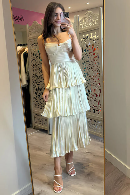 Spaghetti Straps A-Line Empire Pleated Tiered Party Prom Dress