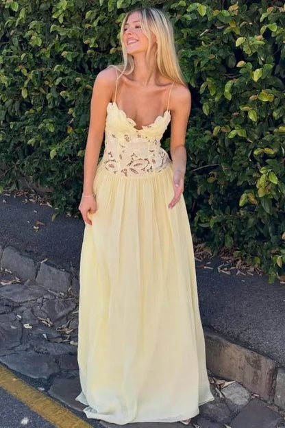 Spaghetti Straps A-Line Two Tone Sheer Maxi Party Prom Dress