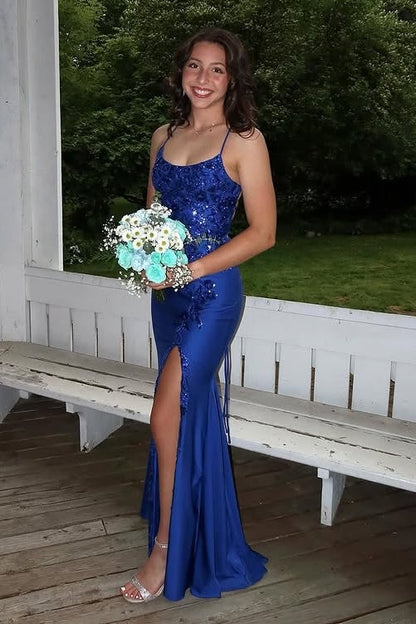 Spaghetti Straps Bateau Lace Appliques Mermaid Party Prom Dress